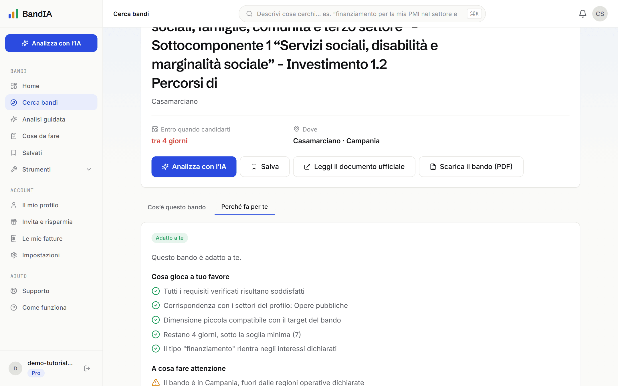 La scheda “perché fa per te” di un bando, con le ragioni della compatibilità tra punti di forza e attenzioni.