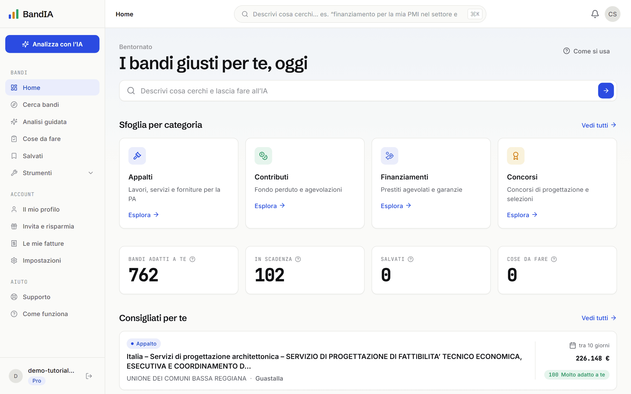La schermata iniziale di BandIA dopo l’accesso, con i bandi consigliati e le scadenze in evidenza.