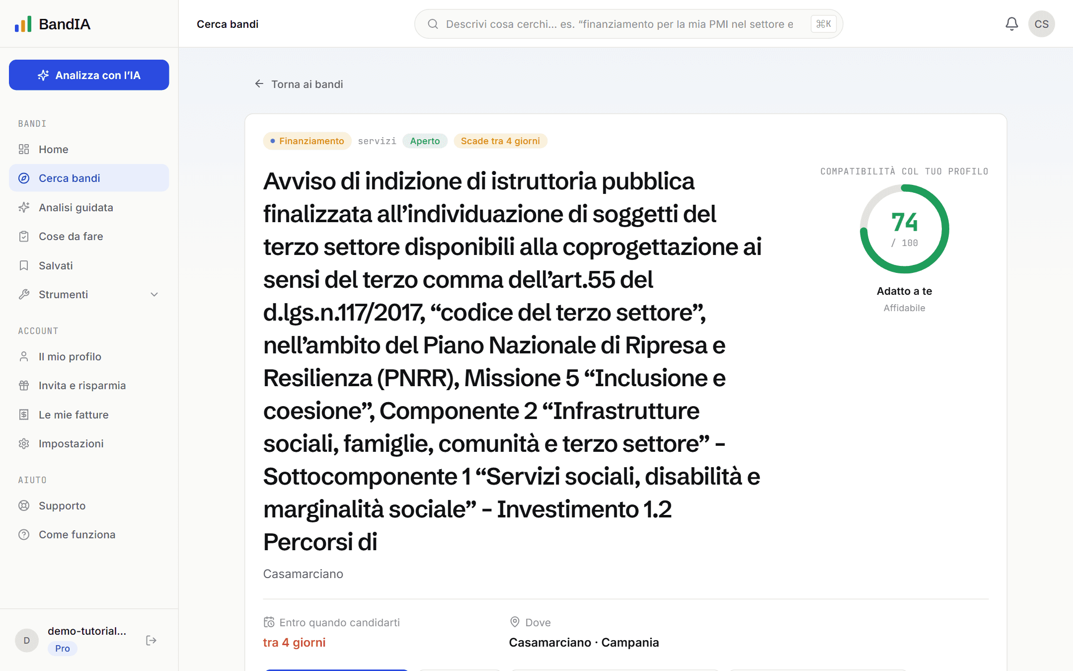 La scheda di dettaglio di un bando con l’indice di compatibilità, la categoria, lo stato e la scadenza.
