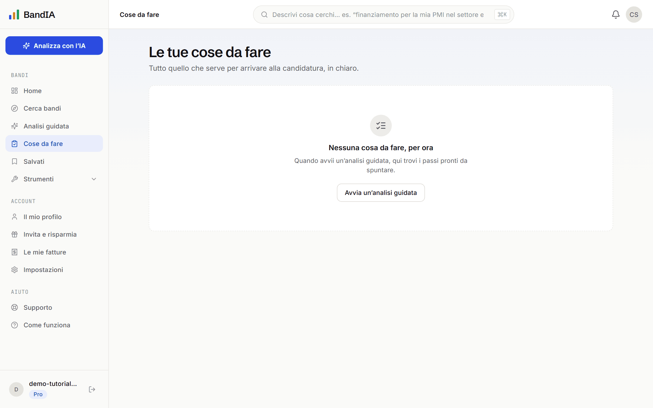 La pagina “Cose da fare”, dove le attività delle analisi guidate si raccolgono con le relative scadenze.