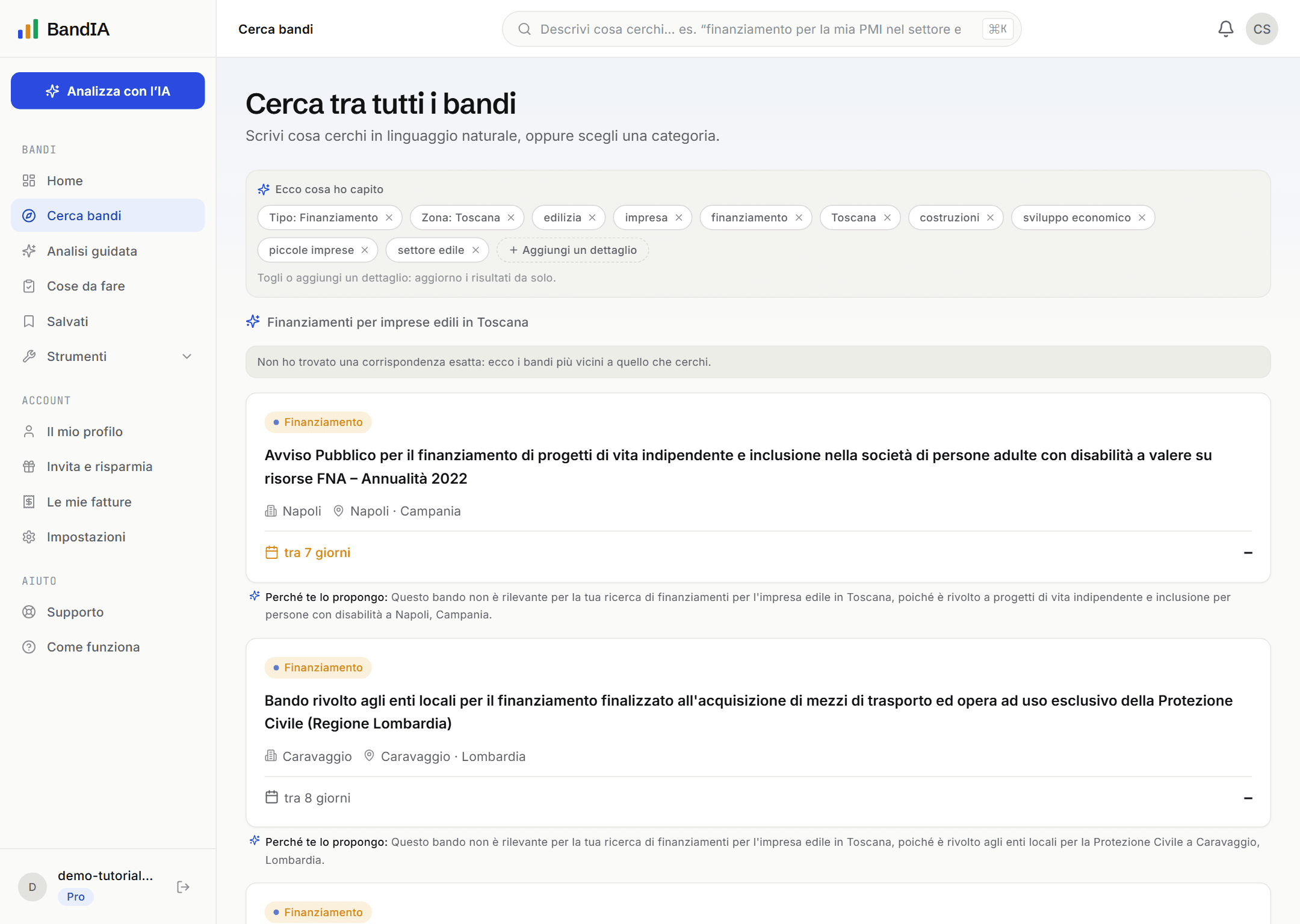 Ricerca a parole tue: le etichette di interpretazione (tipo, zona, parole chiave) e i bandi con la spiegazione del perché.