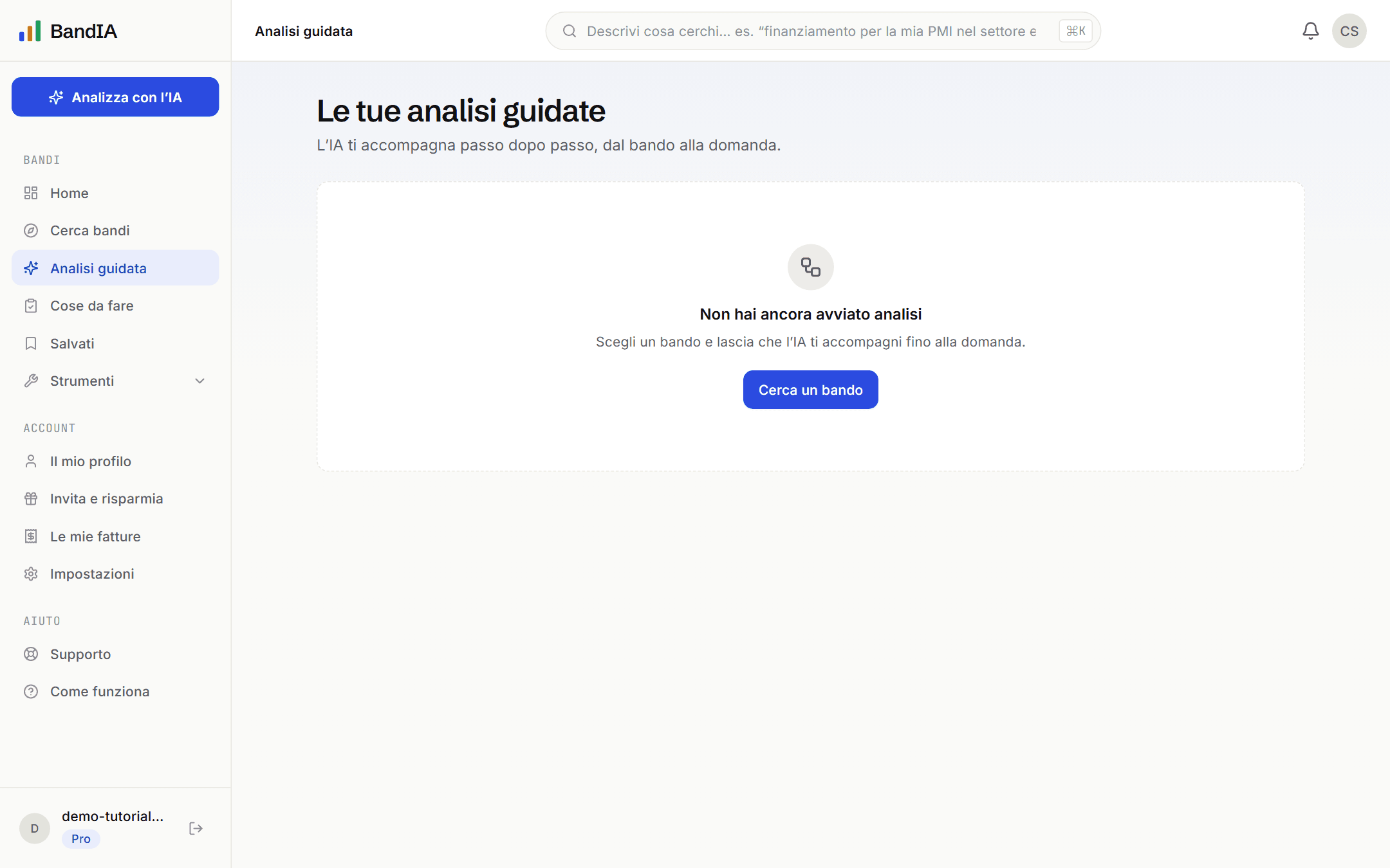 La sezione “Analisi guidata”, dove si raccolgono le analisi avviate sui singoli bandi.